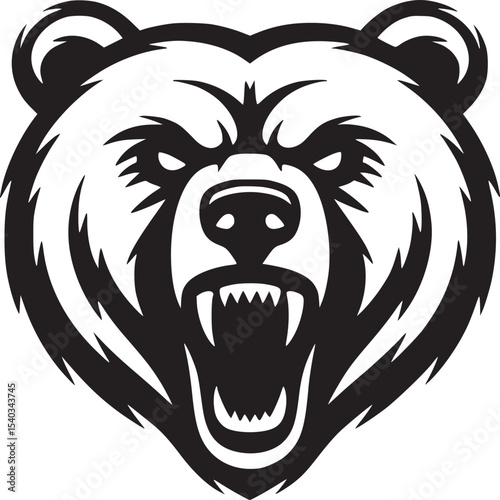 A striking black and white illustration of an angry bear head with sharp teeth on a white background
