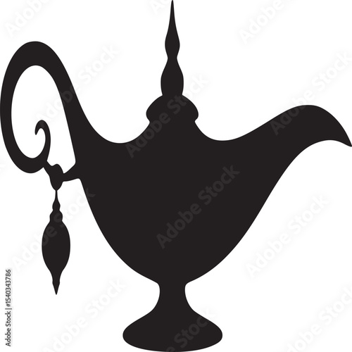 A silhouette illustration of a genie lamp with a curved handle and a hanging ornament on a light background