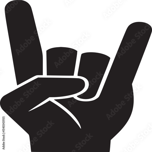 A black silhouette of a hand making the rock and roll sign on a white background illustration