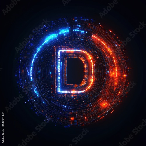 Glowing Letter D with Digital Circuitry Inside Ring on Dark Background