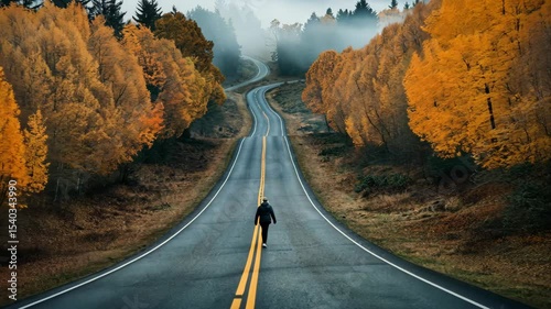 Lone Figure Walking on a Curved Forest Road in the Morning Mist