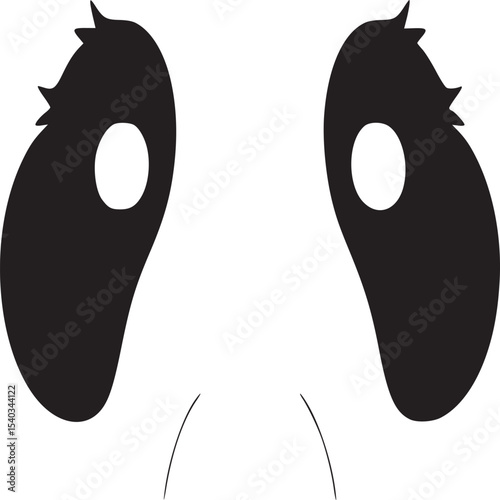 A minimalist graphic of a panda's face featuring black eyes and nose on a light beige background