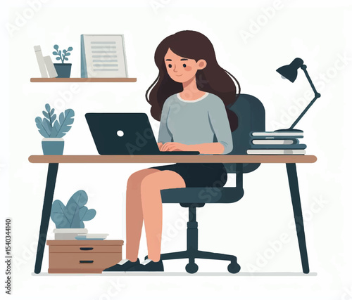 A woman is seated at a desk with a laptop computer