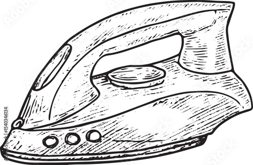 A black-and-white sketch of a steam iron with a sleek handle, perfect for pressing clothes and enhancing laundry presentation in home settings