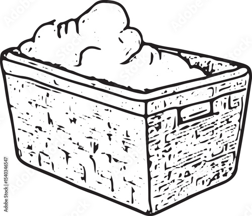 A detailed black-and-white sketch of a woven laundry basket filled with fluffy clothes, perfect for household laundry, storage, and cleaning organization themes