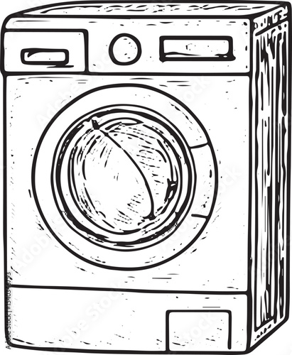 A detailed black-and-white sketch of a front-load washing machine, showcasing a realistic design for laundry and household cleaning applications