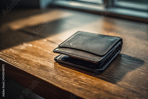 old leather wallet on the table photo