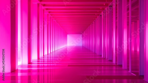 A vibrant, futuristic corridor bathed in pink light with reflective floors and geometric columns creating a sense of depth and symmetry.