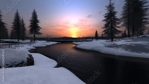 Frozen river winding through snowy forest landscape under dim twilight sky during winter dusk. Nature concept