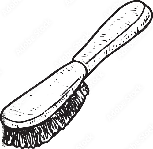 A black-and-white sketch of a scrub brush with sturdy bristles, designed for stain removal, ideal for laundry and household cleaning tasks