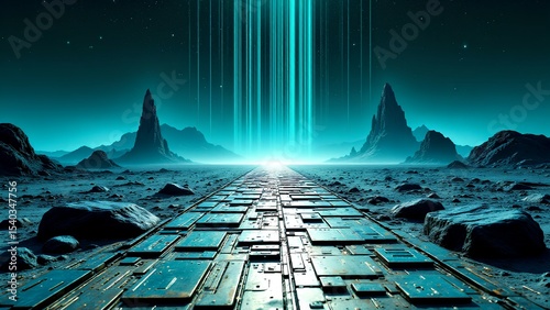 A futuristic, glowing pathway leads through a surreal, rocky landscape under a starry sky with vertical beams of light in the distance.
