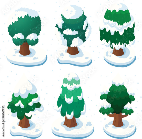 Isometric Snowy Winter Trees Vector Illustration