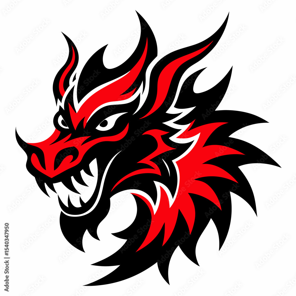 Obraz premium A fiery red dragon head tattoo design, illustrating a tribal fantasy symbol with black silhouette patterns and decorative flames