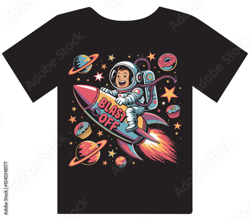 Colorful Astronaut Riding Rocket with Donuts in Space T-Shirt Design
