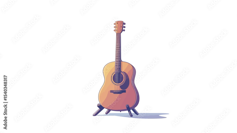 Naklejka premium A digital illustration of an acoustic guitar on a simple stand against a white background. The guitar is depicted in a stylized, slightly cartoonish manner with a gradient of warm orange and brown