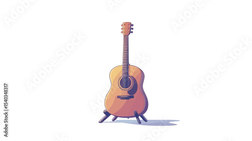 A digital illustration of an acoustic guitar on a simple stand against a white background. The guitar is depicted in a stylized, slightly cartoonish manner with a gradient of warm orange and brown