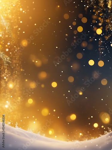 Golden snow-covered landscape with soft falling snowflakes, glowing light particles, abstract dreamy winter background texture design template in vector AI illustration format