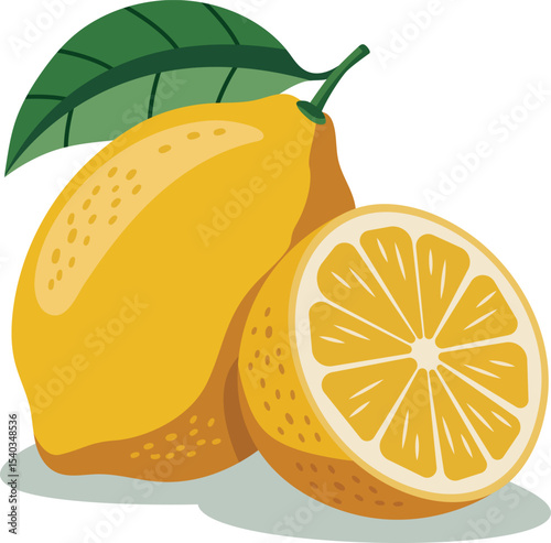 Fresh lemon fruits. Yellow Lemon fruit icon with leaf vector illustration. A cheerful illustration of a whole lemon and a half lemon slice. Vitamin C food sign business concept.