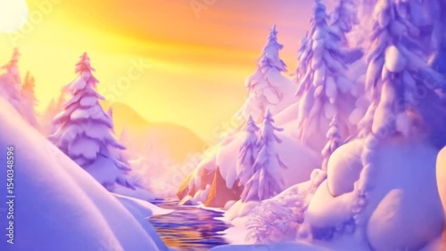 Magical winter forest covered with snowy trees and golden sunset over mountain slope. Nature concept