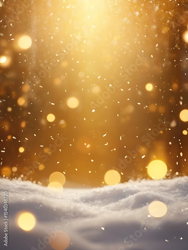 Golden snow-covered landscape with soft falling snowflakes, glowing light particles, abstract dreamy winter background texture design template in vector AI illustration format