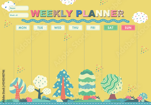 Vector kids schedule with nursery forest and cute elements. Pastel weekly calendar planner template with cute trees pattern background. Vector illustration. Yellow background.