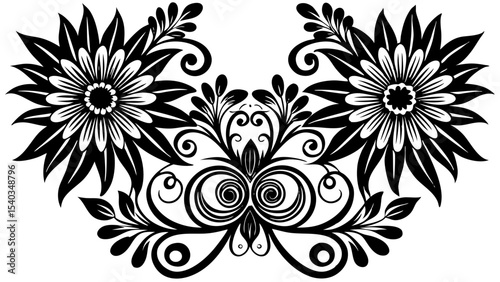 Black and white floral ornament with vintage swirling leaves and ornate pattern