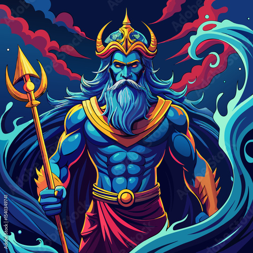 A powerful and muscular Greek god of the sea, beautiful eyelighting , with long flowing blue hair and beard, wearing a golden crown with horns and ancient Greek robe in dark blue and red. Holding a gl