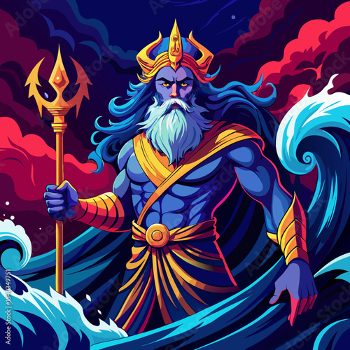A powerful and muscular Greek god of the sea, beautiful eyelighting , with long flowing blue hair and beard, wearing a golden crown with horns and ancient Greek robe in dark blue and red. Holding a gl