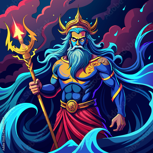A powerful and muscular Greek god of the sea, beautiful eyelighting , with long flowing blue hair and beard, wearing a golden crown with horns and ancient Greek robe in dark blue and red. Holding a gl