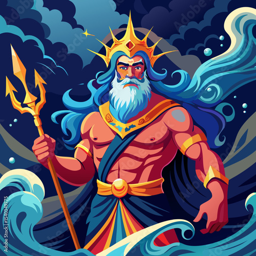 A powerful and muscular Greek god of the sea, beautiful eyelighting , with long flowing blue hair and beard, wearing a golden crown with horns and ancient Greek robe in dark blue and red. Holding a gl