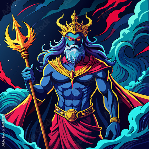 A powerful and muscular Greek god of the sea, beautiful eyelighting , with long flowing blue hair and beard, wearing a golden crown with horns and ancient Greek robe in dark blue and red. Holding a gl