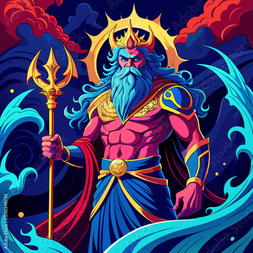 A powerful and muscular Greek god of the sea, beautiful eyelighting , with long flowing blue hair and beard, wearing a golden crown with horns and ancient Greek robe in dark blue and red. Holding a gl