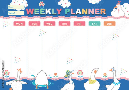 Weekly planner with funny goose and floral in flat cartoon style. Schedule template, weekly planner for printing. Cartoon vector illustration for kids.