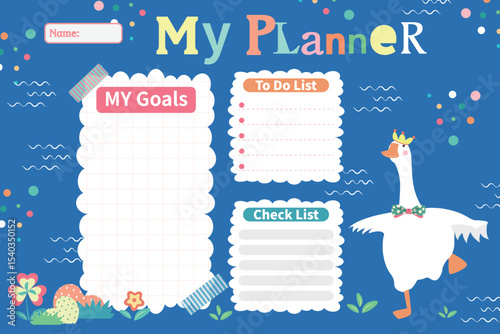 My planner with goose and floral in flat cartoon style. Schedule template, Planner for printing. Cartoon animals vector illustration for kids. My goals, To do list, Check list. Blue background.