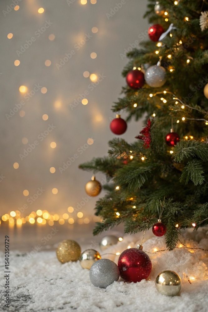 Fototapeta premium Closeup of decorated christmas tree with red and gold ornaments and fairy lights on snowy ground