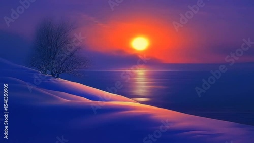 Sunset glowing over snow-covered hill beside calm ocean with vibrant purple and orange sky. Winter serenity concept