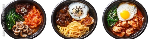 Three delicious bowls of diverse Asian cuisine featuring rice and toppings.