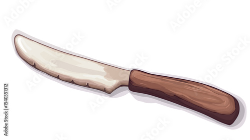A digital illustration of a serrated butter knife with a wooden handle. The knife is depicted against a plain white background.  The illustration style is clean and detailed, showing the serrated