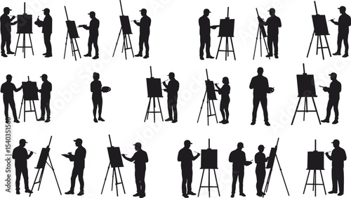Silhouette of artists painting on canvas, easel art class, creative people with brushes and palettes, painter figures drawing in studio, artistic expression collection