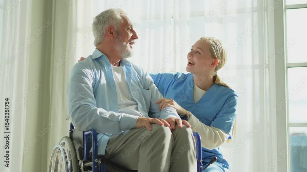 Help support retirement healthcare. Nurse helping old man in wheelchair. Patient and woman in nursing home for medical caregiver. Nurse taking care of paralyzed man in chair for people with disability