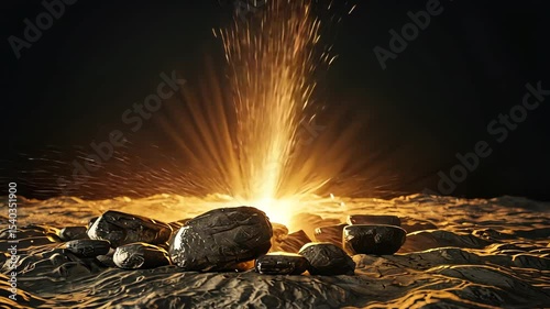 Metallic Shapes Dissolving into Glowing Dust Trail