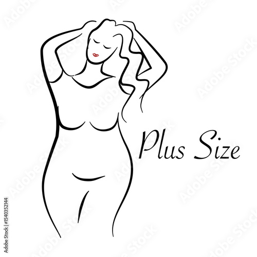 Plus size model woman sketch. Hand drawing style. Fashion logo with overweight. Curvy body icon design. Vector illustration.