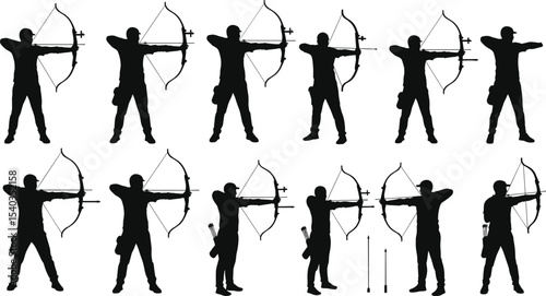 Silhouette archers aiming bow and arrow, vector illustration set, archery sport icons, man with compound bow, professional shooter pose, 