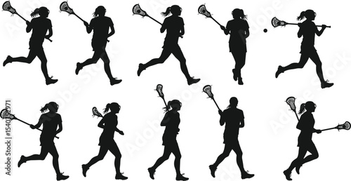 Female lacrosse player silhouette collection, running athlete pose, woman with stick, sports motion, black figure vector, isolated action, competitive game posture, vector art pack
