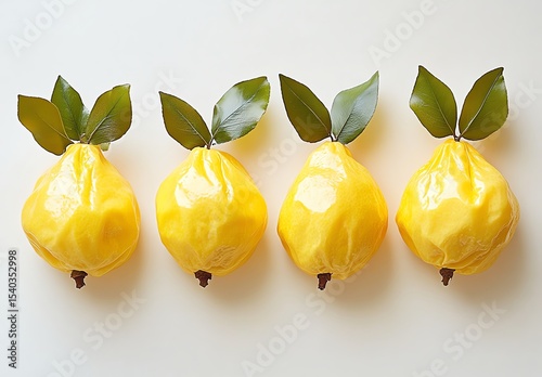 Fresh lemons with leaves arranged in a row on a light background.