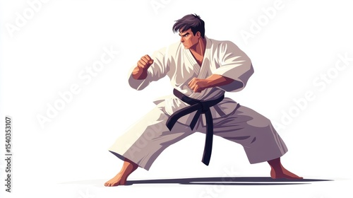 Dynamic Karate Practitioner in Traditional Gi Pose Exhibiting Power and Focus in Martial Arts Training Scene with Isolated Background