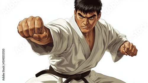 Dynamic Karate Combat Stance of a Skilled Martial Artist Preparing to Strike with Determination and Precision in a Classic Portrayal of Strength and Technique