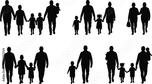 Family walking silhouette set, parents with children illustration, people holding hands, black vector icons, family unity concept, togetherness design, isolated family clipart