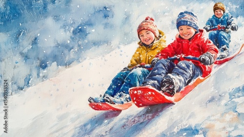 Joyful Children Sledding in Winter Wonderland with Snow and Laughter