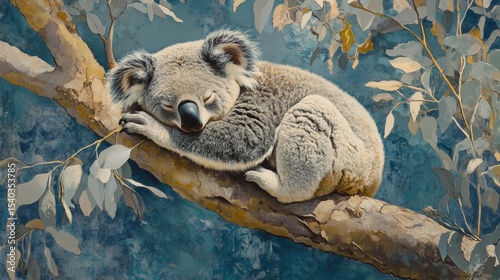 Adorable koala resting peacefully on a tree branch surrounded by colorful leaves in a serene natural setting with a soft blue background